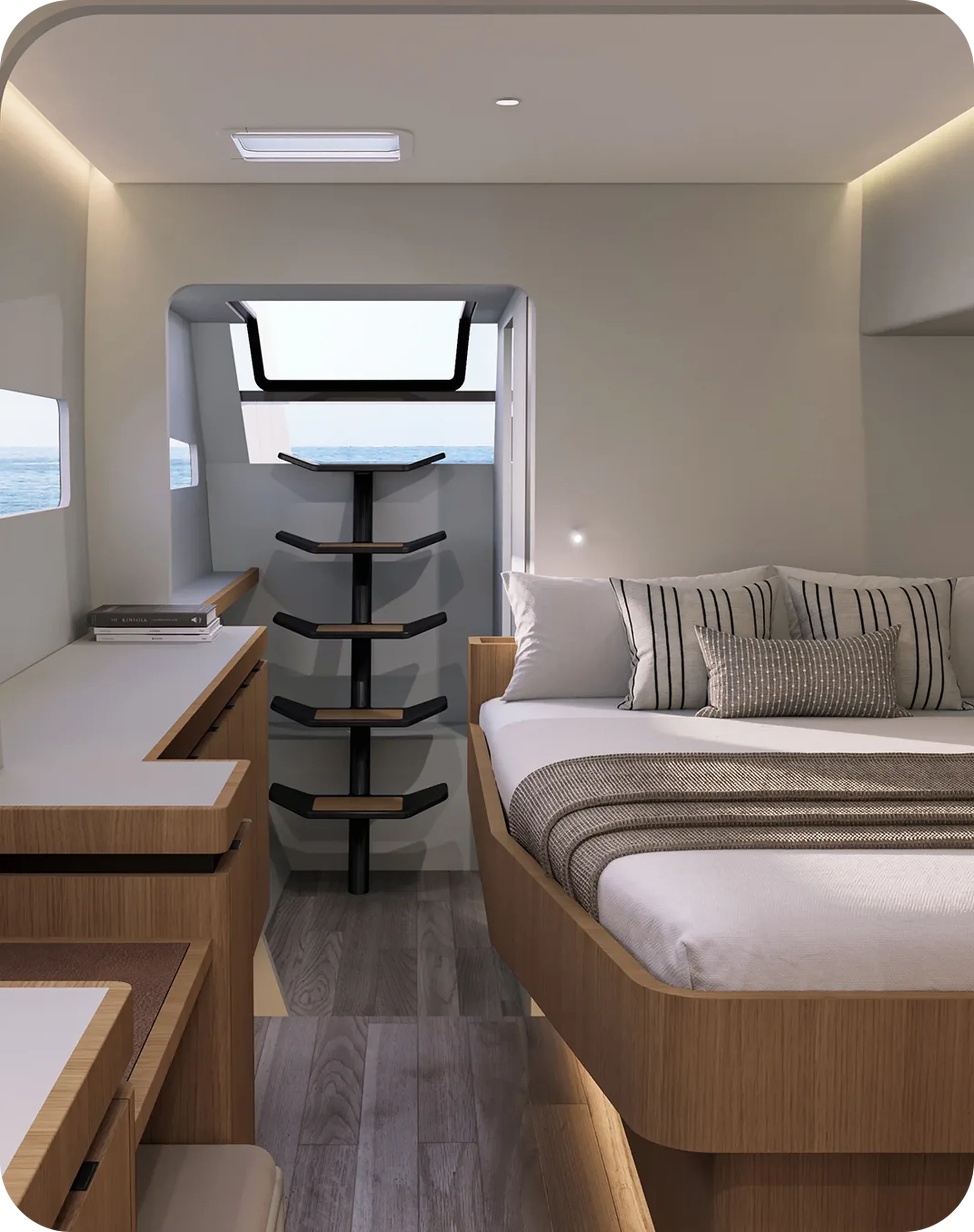 Cabine invitée du Kinetic K6 avec rangements et hublots
