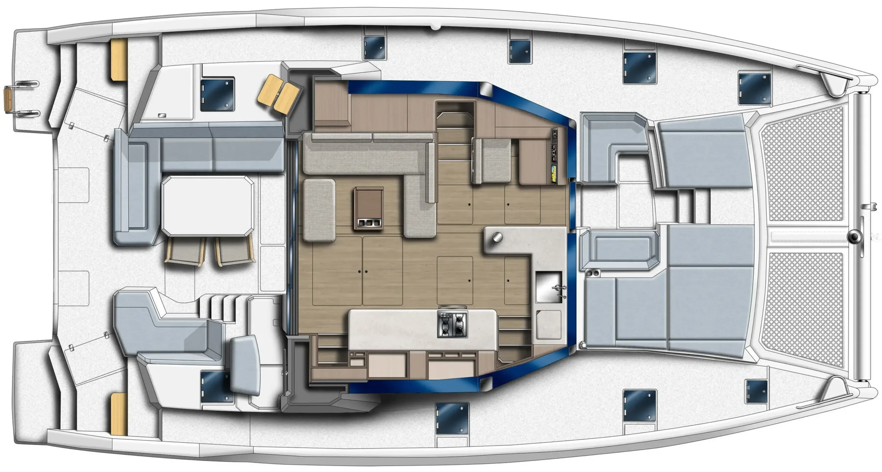 Leopard 46 - plan pont principal, table basse GRP compacte fermee