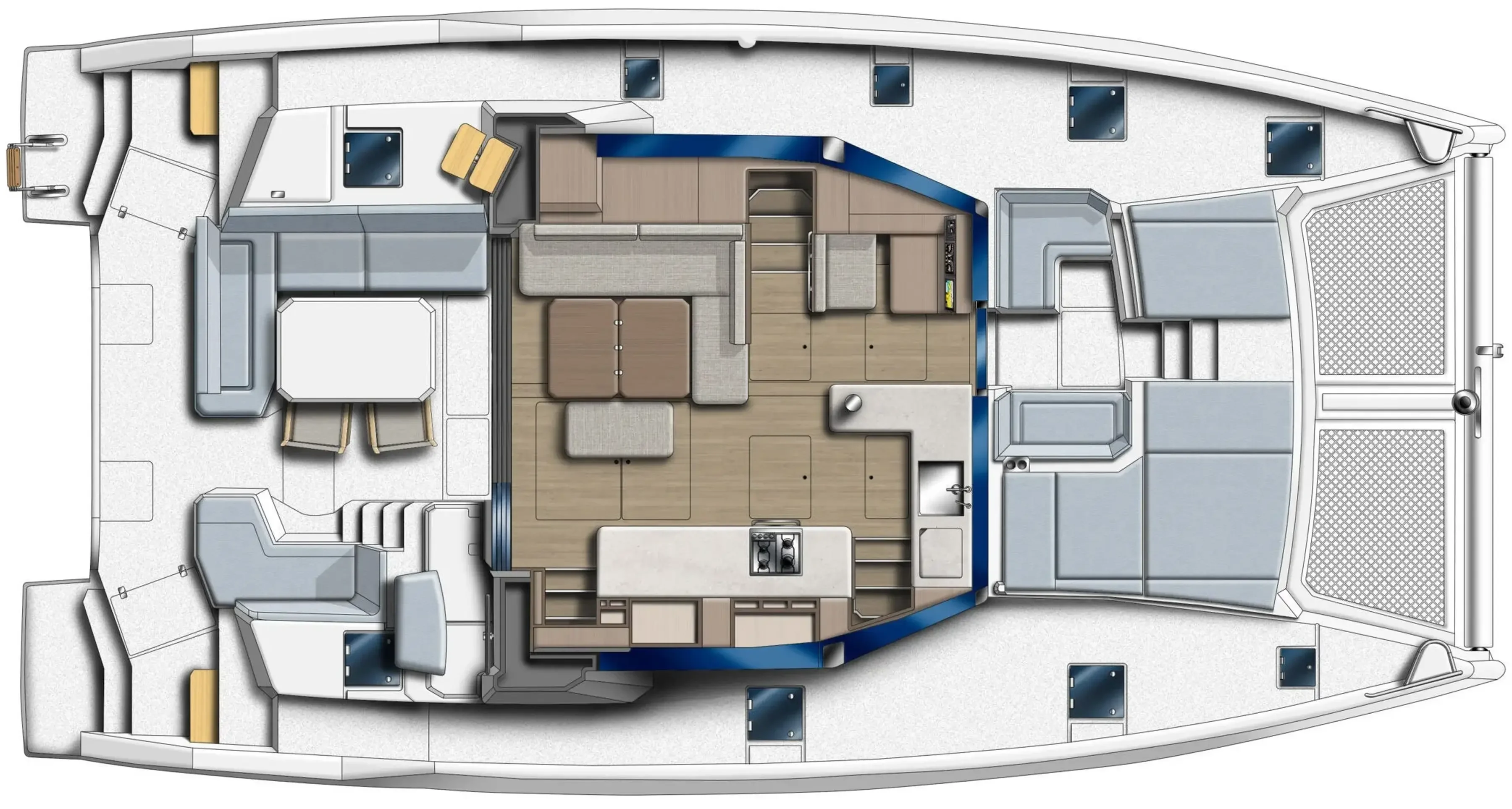 Leopard 46 - plan pont principal, configuration double standard compacte ouverte