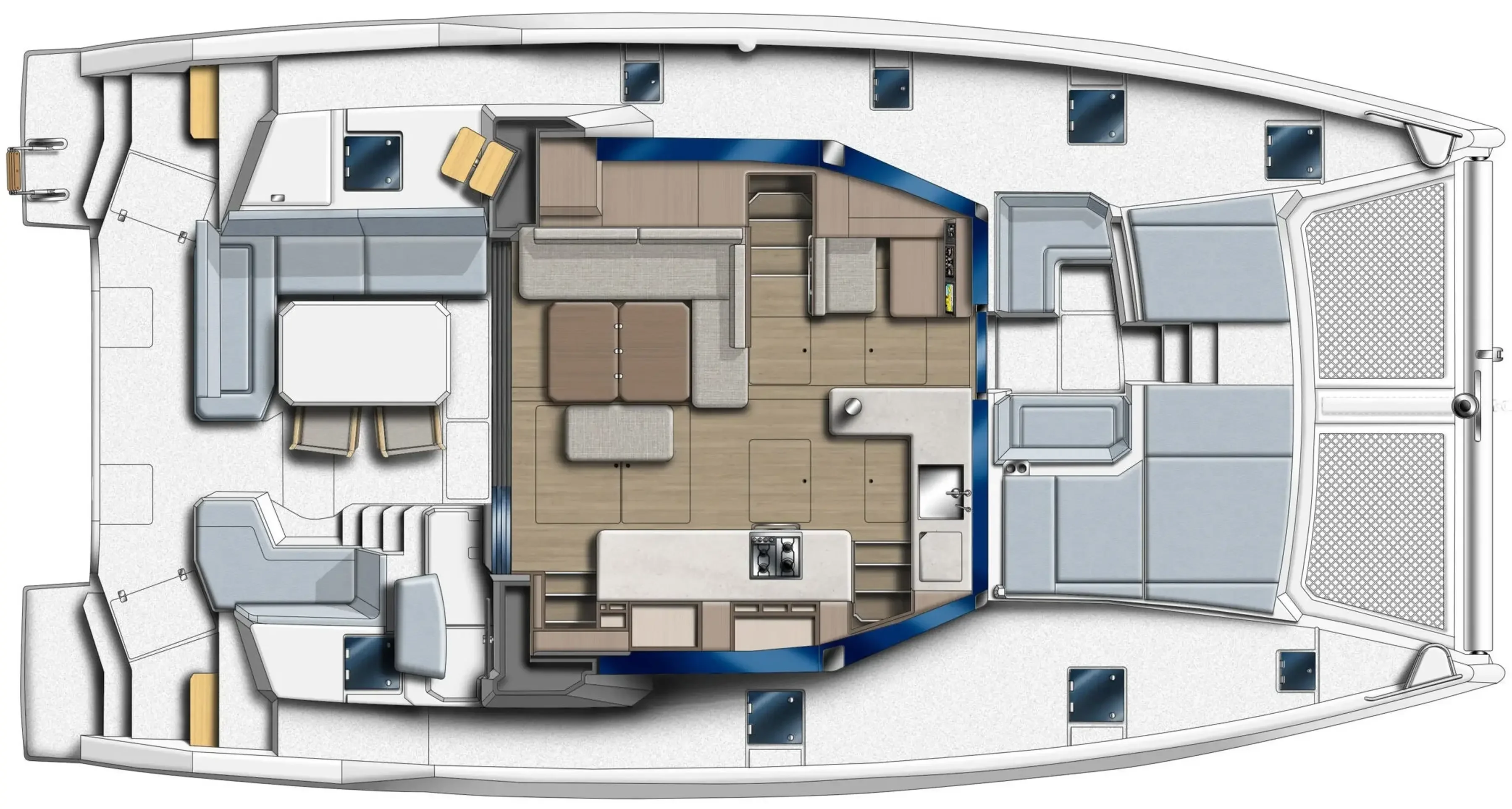 Leopard 46 - plan pont principal, configuration double standard ouverte