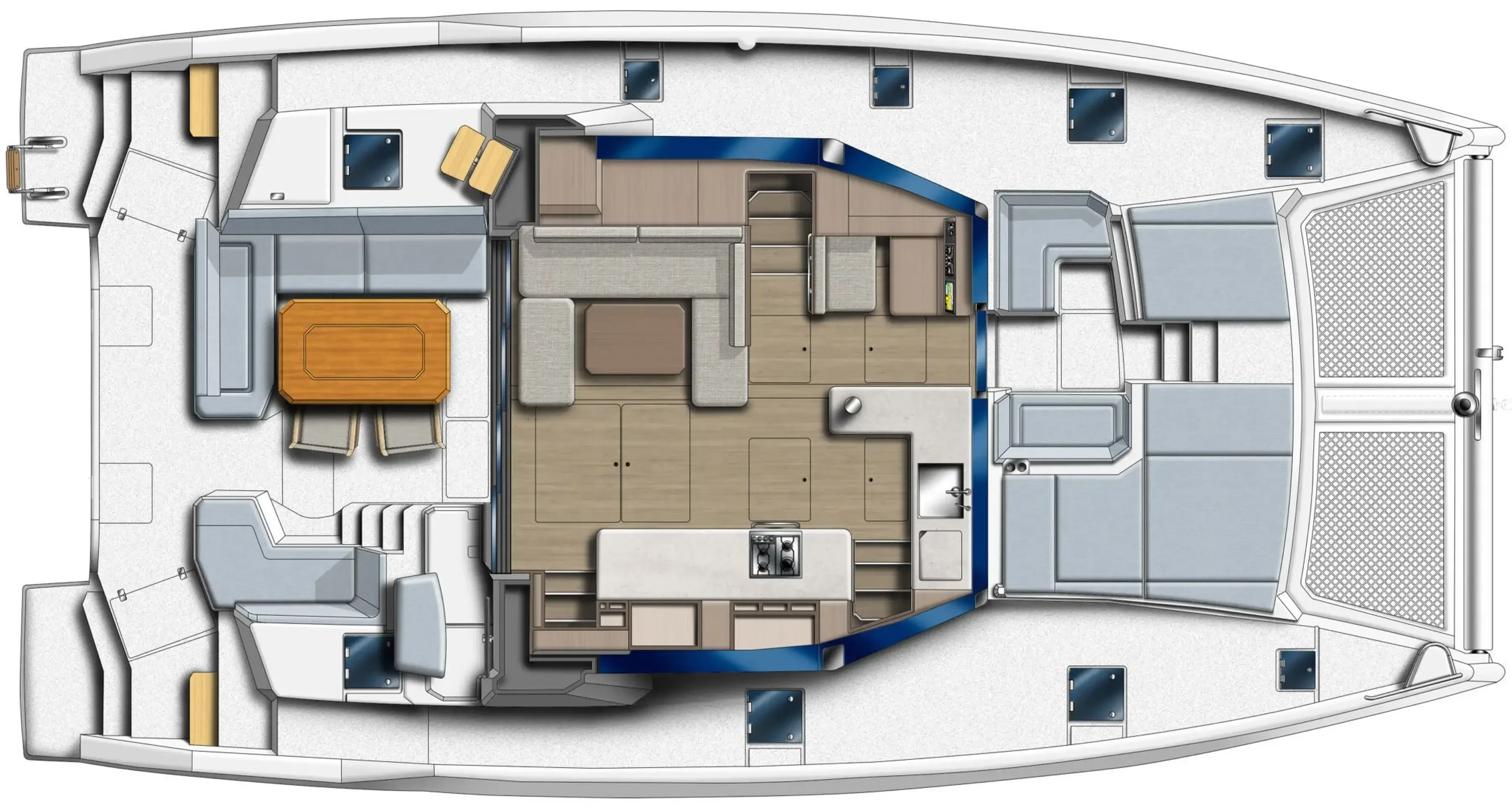 Leopard 46 - plan pont principal, teck double standard fermee