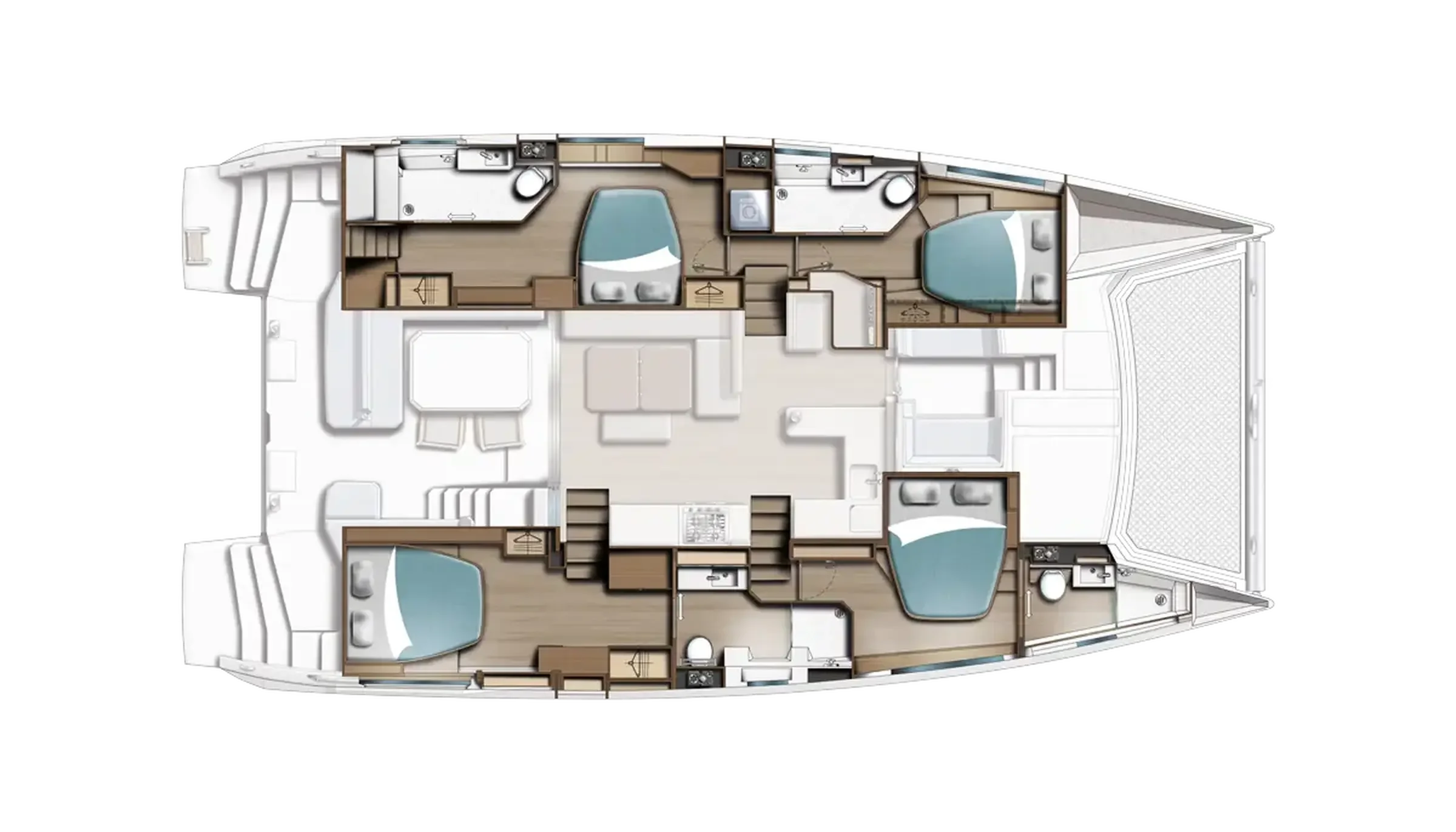 Leopard 52 - plan de pont, configuration 4 cabines standard