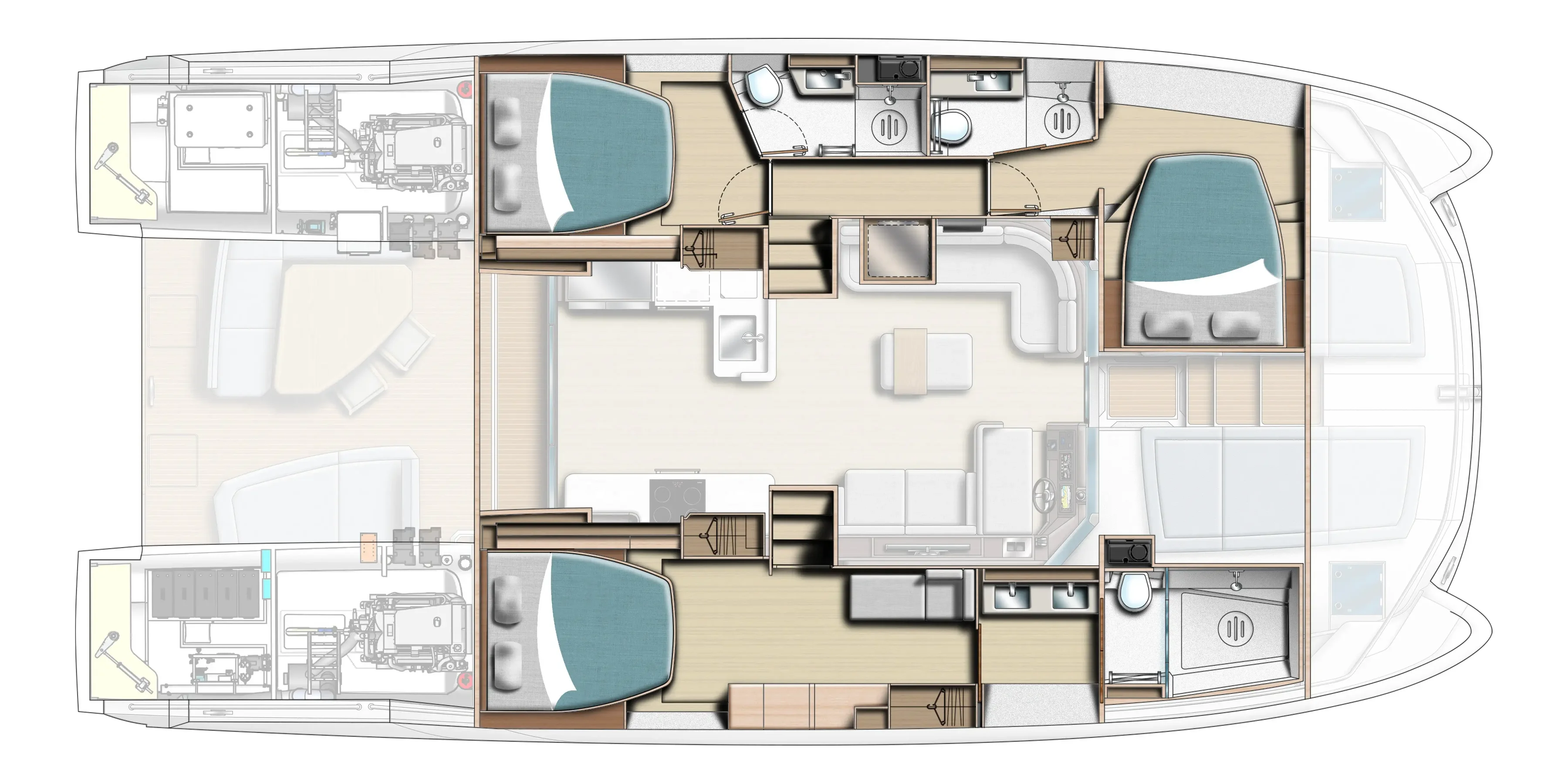 Leopard 53 Powercat - plan de pont, configuration 3 cabines