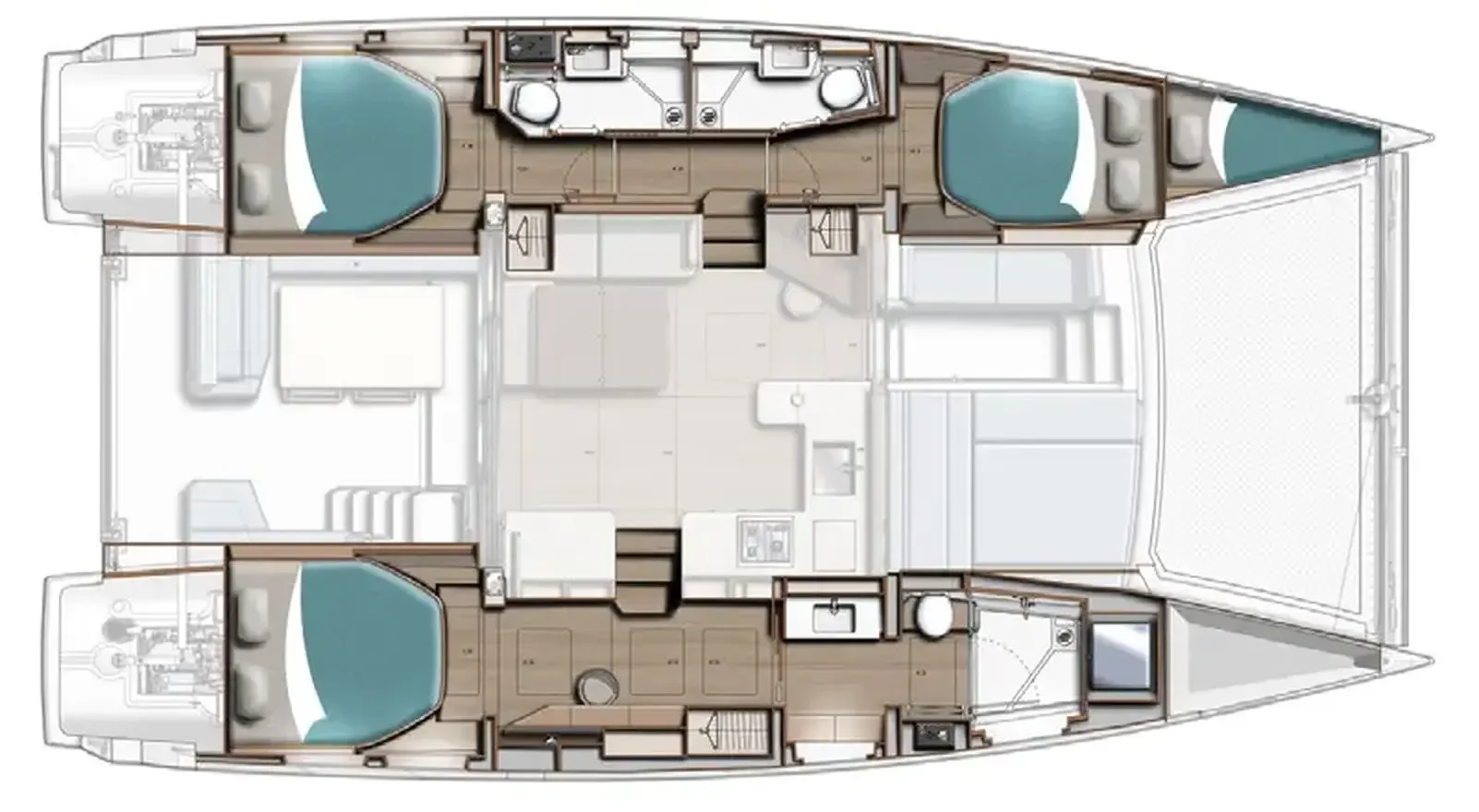 Plan de pont du Leopard 43, aménagement cabines et carré